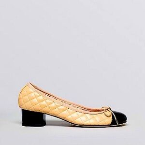 PAUL MAYER TITOU 100% Leather Quilted Block Heel-Size7.5-Camel/Black Patent Toe